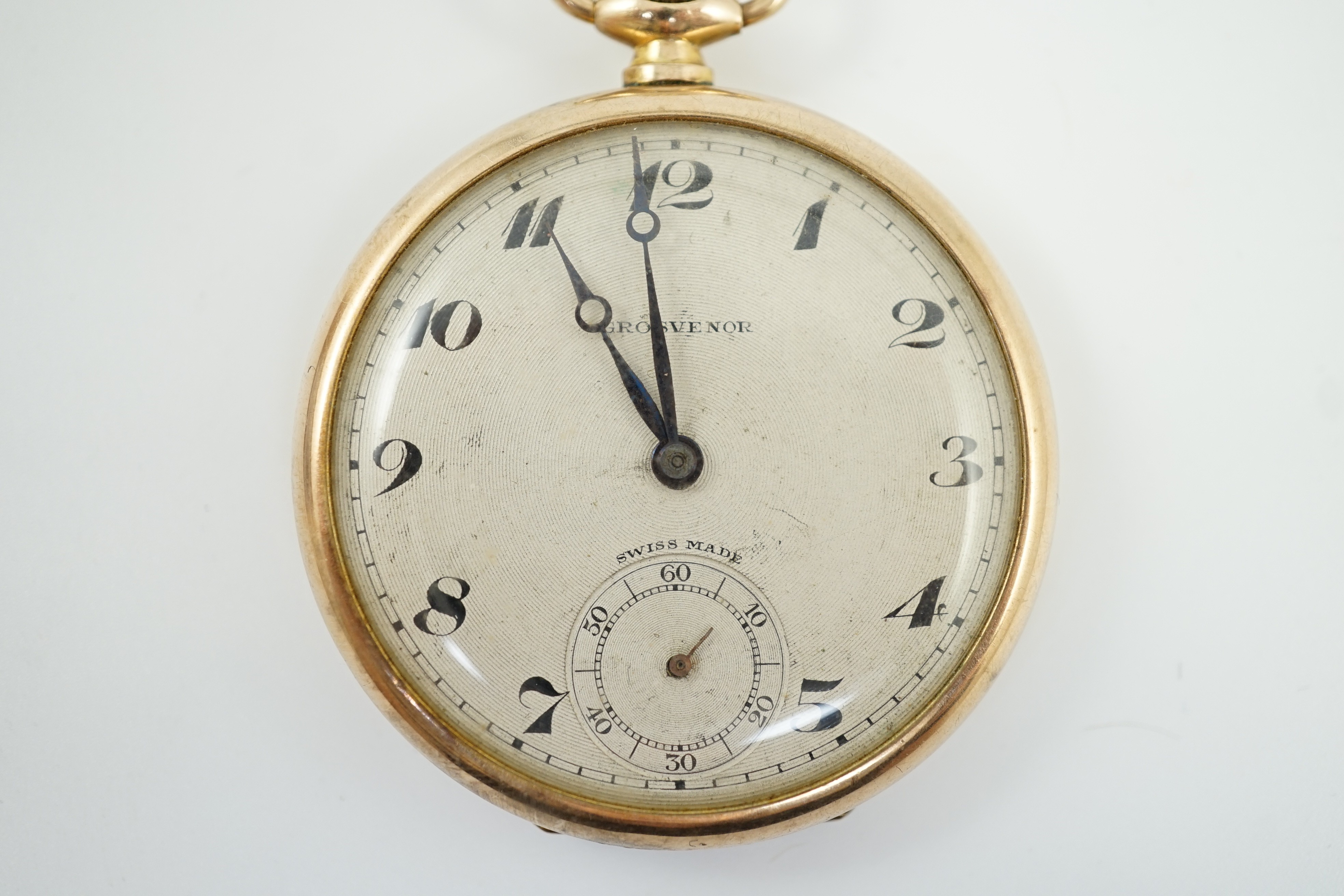 A George V 9ct gold Grosvenor open faced keyless dress pocket watch, case diameter 44mm, gross weight 49.7 grams.